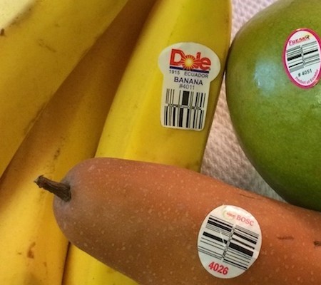 Stickers labels on banana, avocado & pears