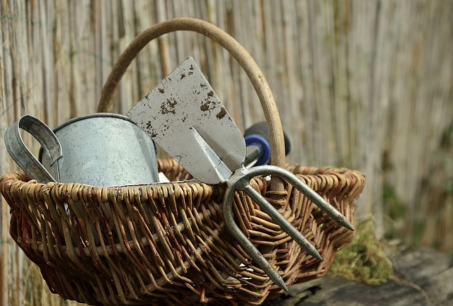 Gardening tool set in portable wicker basket
